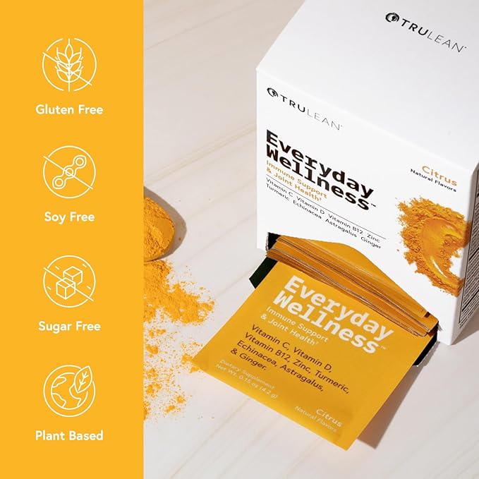TRULEAN Everyday Wellness Shot Powder - Turmeric, Ginger, Vitamin C, Immunity & Immune Support Supplement - No Artificial Ingredients, No Sugar & Gluten Free - 30 Packets Citrus Flavor