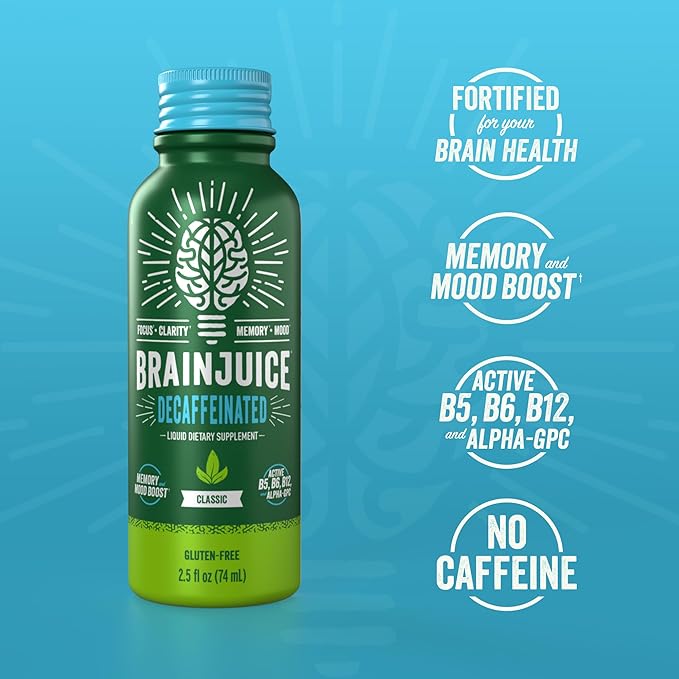 BrainJuice Decaf Brain Support Shot, Gluten Free Supplement Shots for Energy & Focus, Healthy Drinks with Alpha GPC, Vitamin B & Decaffeinated Green Tea Leaf, Classic, 2.5 fl oz, 12 Pack