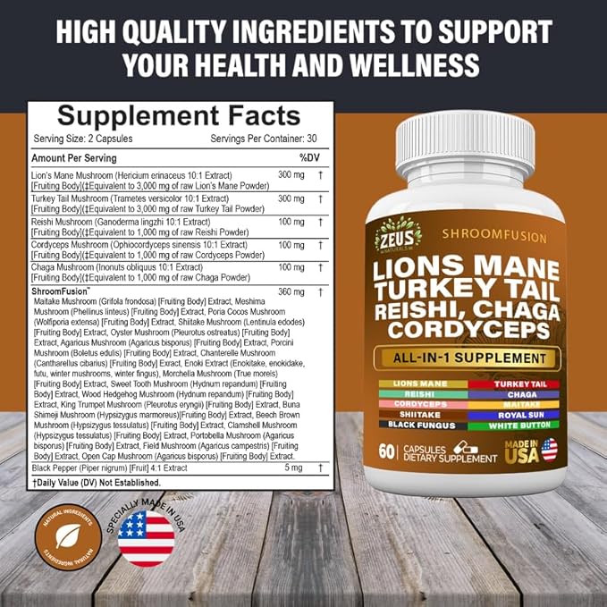 Lions Mane 300mg Turkey Tail 2000mg Cordyceps Chaga 1000mg Reishi 1000mg Maitake Meshima Poria Cocos Shiitake Oyster Porcini Enoki Mushroom Supplement (60Ct)