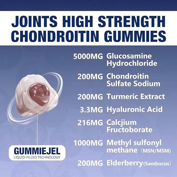 1Pack 5000MG Glucosamine Chondroitin Gummies with MSM & Elderberry Extra Strength - Joint Support, Antioxidant Immune Support Supplement for Adults, Men & Women, Blueberry Flavor, 60 Count.
