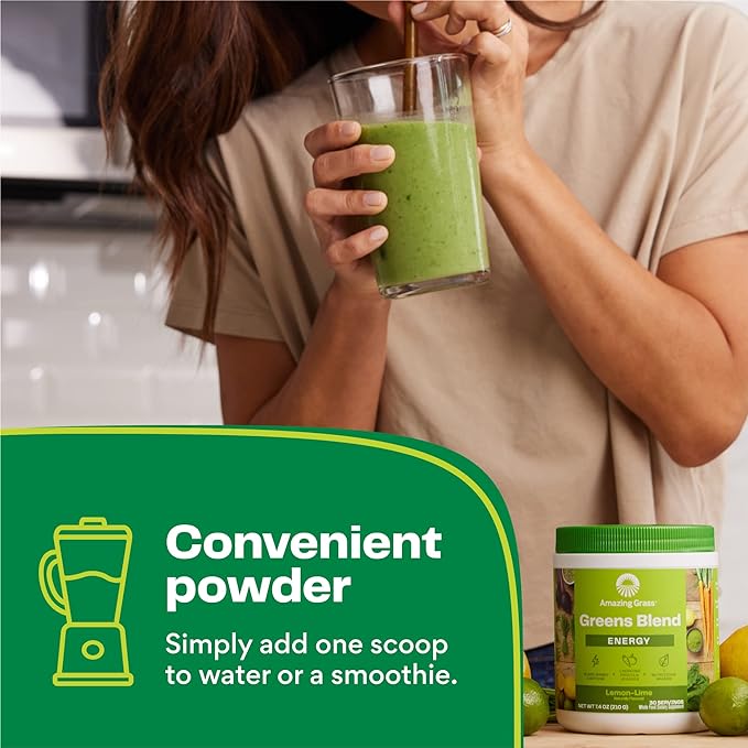 Amazing Grass Greens Blend Energy: Smoothie Mix, Super Greens Powder & Plant Based Caffeine with Matcha Green Tea & Beet Root Powder, Lemon Lime, 30 Servings (Packaging May Vary)