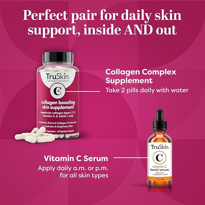TruSkin Collagen Supplements – Vegetarian-Friendly Multi Collagen for Skin with Biotin, Vitamin C & Acai Superfood Complex – Support Natural Collagen Production, Hydrate & Brighten Skin, 60 Capsules