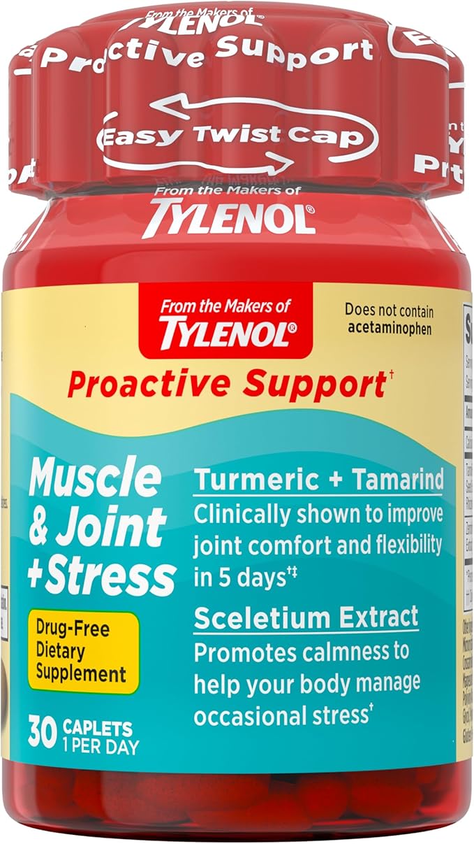 Tylenol Proactive Support* Muscle & Joint Supplements + Stress, Tamarind + Turmeric Supplement + Sceletium Extract to Improve Joint Comfort & Flexibility*, Acetaminophen Free, 30 ct