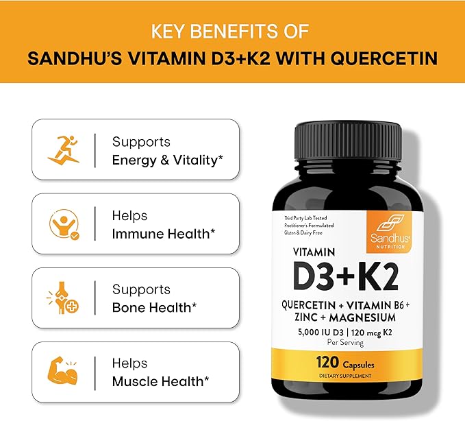 Sandhu's Vitamin D3 K2 Magnesium with Quercetin Capsules for Men & Women | Supports Immunity, Bone Health and Quality Sleep | 360 Count