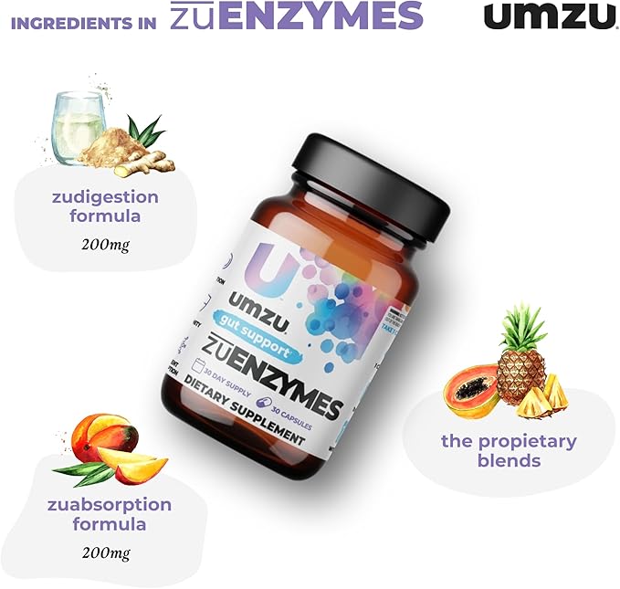 UMZU ZuEnzymes Digestive Enzymes Supplement | 21 Enzymes for Gut Health Support, Digestion & Nutrient Absorption | Helps Break Down Lactose, Carbs, Proteins & Fats (30 Day Supply | 30 Capsules)
