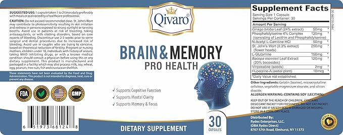 Brain & Memory Pro Health - Natural Support for Cognitive Function - Mind & Memory Supplement for Brain Health - Vegan and Non-GMO - Made in USA – 30 Capsules