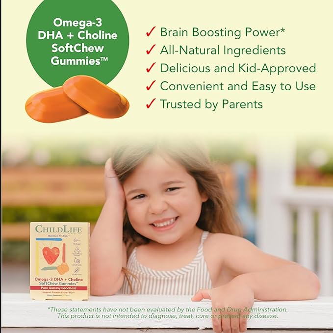 CHILDLIFE ESSENTIALS Omega-3 DHA + Choline SoftChew Gummies - for Kids, DHA for Kids, Omega 3 Gummies with Choline, Fish Oil for Babies, Toddlers & Children - Natural Passion Fruit, 27 Tablets