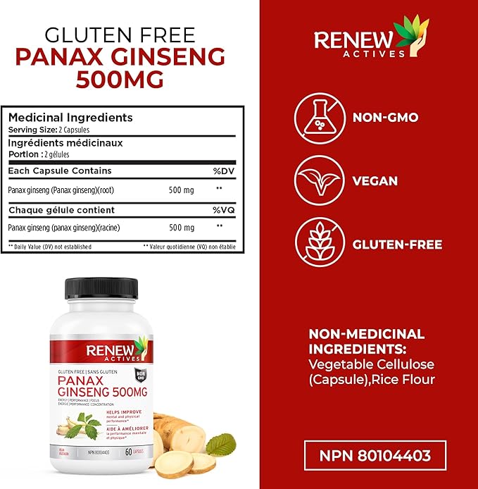 RENEW ACTIVES Panax Ginseng 1000MG per 2 Capsules – Boosts Physical & Cognitive Health, Enhances Energy, Supports Mental Clarity & Focus, Promotes Performance & Vitality – Made in Canada – 60 Capsules