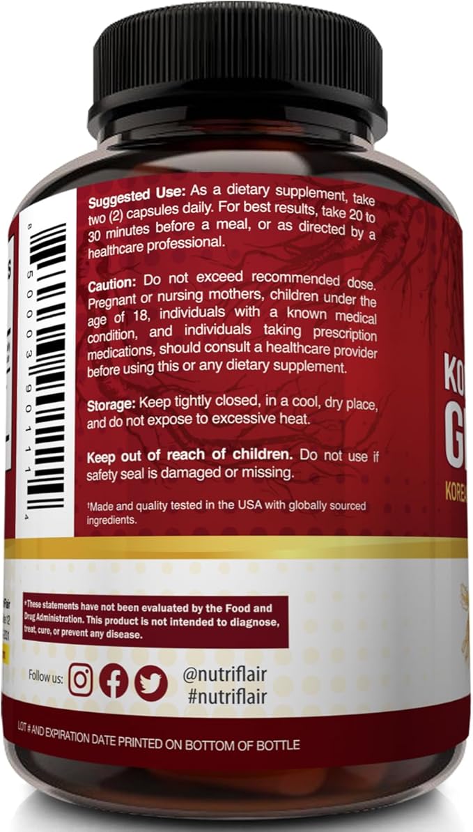 NutriFlair Korean Red Panax Ginseng 1600mg – 120 Vegan Capsules | 5% Ginsenosides | Non-GMO, Gluten-Free | Natural Energy & Focus Support | Made in USA