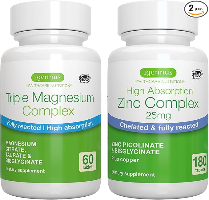 Triple Magnesium Complex + Zinc Complex Vegan Bundle, High Absorption Chelated Magnesium + 25mg Chelated Zinc Picolinate & Bisglycinate with Copper, by Igennus