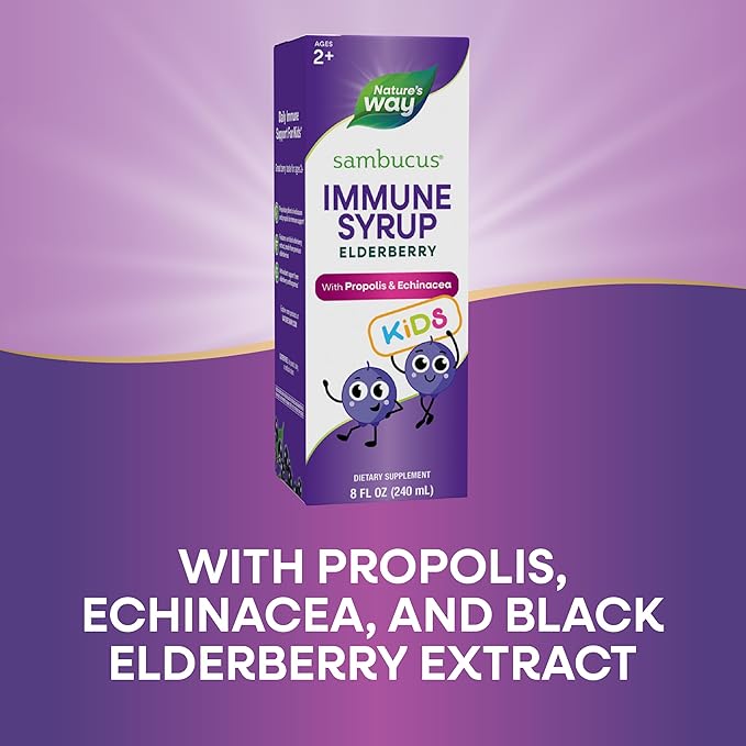 Nature's Way Sambucus Elderberry Immune Syrup for Kids Ages 2+, with Echinacea & Propolis, Daily Immune Support*, Vegetarian, Berry Flavored, 8 Fl Oz