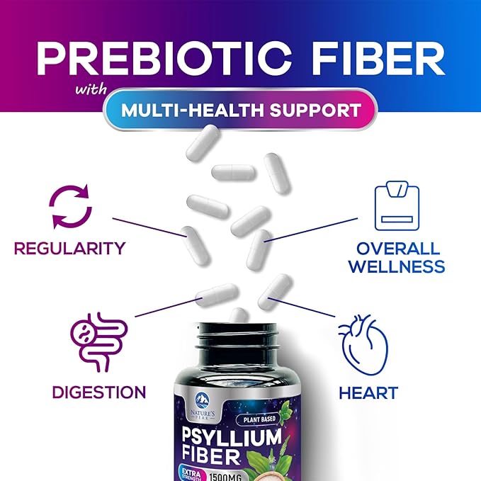 Psyllium Husk Powder Caps 1500mg - Non-GMO, Natural Soluble Fiber for Daily Digestive Health & Regularity Support, Vegan Psyllium Fiber Supplement with Plant Based Fiber, Sugar Free - 60 Capsules