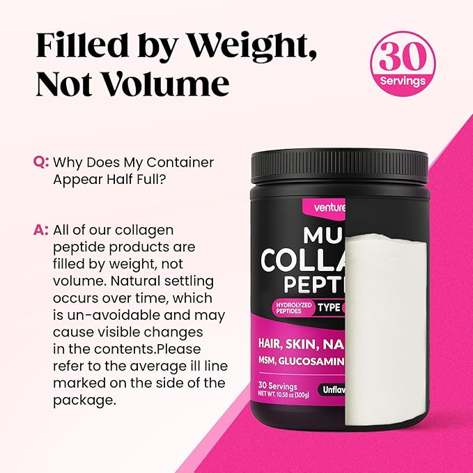 Venture Pal Multi Collagen Protein Powder - Hydrolyzed Collagen Peptides Type I, II, III, V, X + MSM, GC & Vitamin C | Unflavored Collagen Supplement | Hair, Skin, Nail & Joint Support | Non-GMO