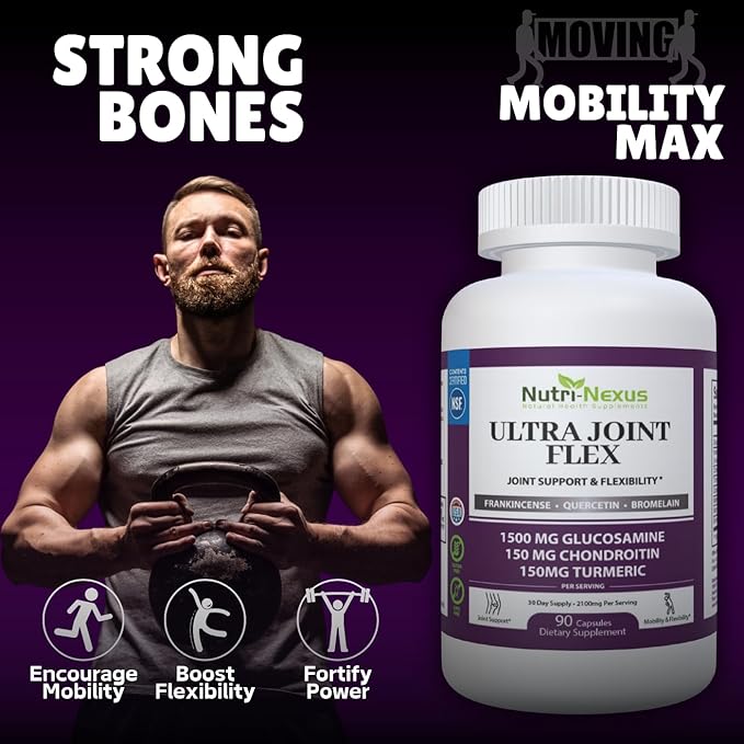 Joint Support Supplement with Glucosamine Chondroitin MSM Turmeric Boswellia - for Men and Women - Promotes Mobility, Flexibility, and Comfort - Made in USA - 90 Capsules