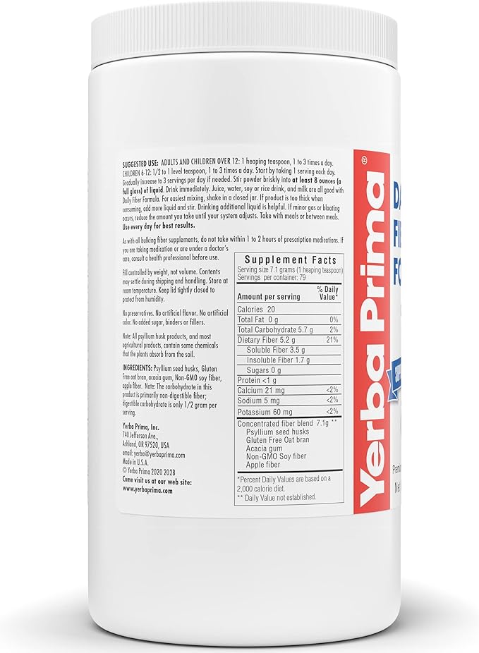 Yerba Prima Daily Fiber Formula - 20 oz Powder - Unflavored, Concentrated Blend of Soluble/Insoluble, Psyllium Seed Husks, Acacia Gum, Apple Fiber for Bulk - Dietary Bulking Supplement - Regularity