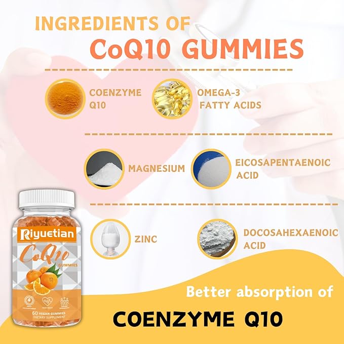 Extra Strength CoQ10 Supplements for Women & Men - CoQ10 Gummies Antioxidant for Heart Health Support - Orange Flavored - ubiquinol CoQ10 Gummies - Vegan - 1 Pack