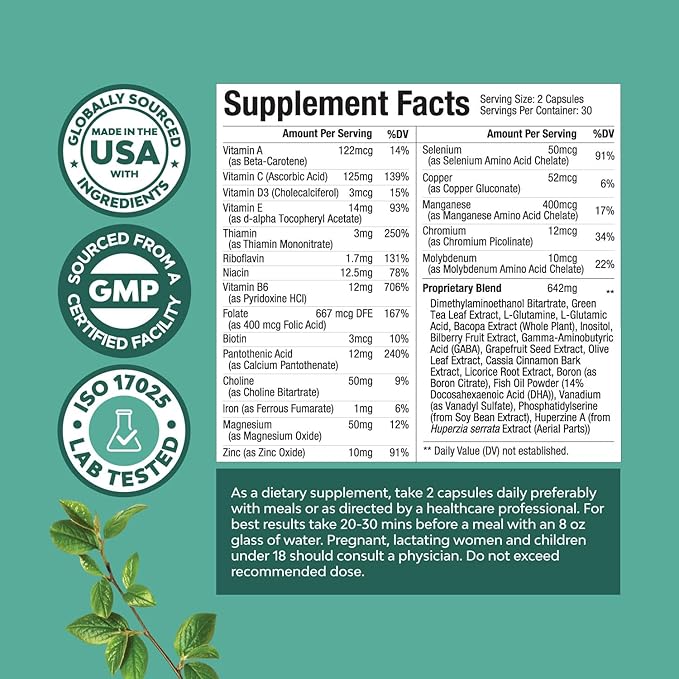Advanced Brain Supplement for Memory and Focus - Nootropics Brain Support Supplement with Memory and Focus Vitamins for Adults of All Ages - for Brain Fog Clarity Energy and Recall