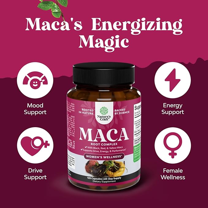 Organic Maca Root Capsules for Women - Potent Herbal Supplement with Female Enhancing Blend of Red Yellow & Black Maca Root - Non-GMO Certified Vegan and Gluten-Free with No Artificial Colors - 120ct