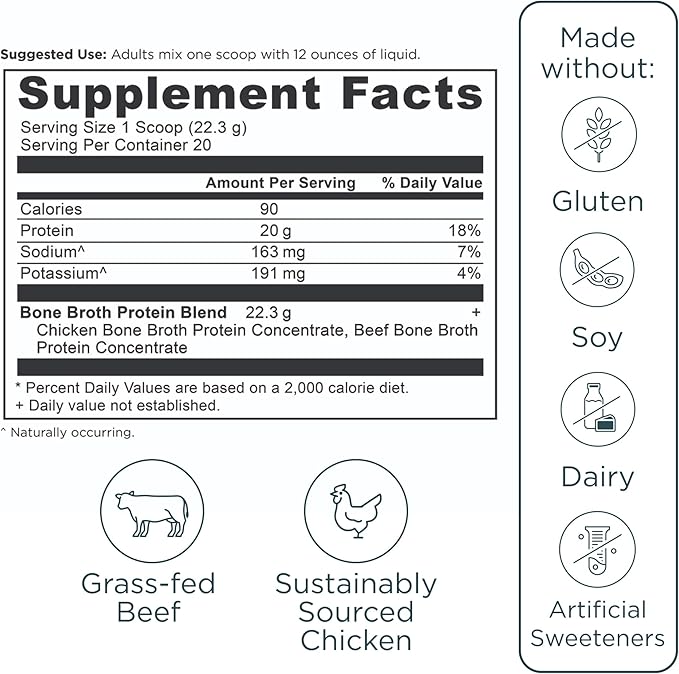 Ancient Nutrition Grass Fed & Cage Free Bone Broth Protein Powder, 20g Protein Per Serving, Hydrolyzed Collagen Peptides, Glucosamine, Chondroitin, Supports Joint & Gut Health, Pure, 40 Servings