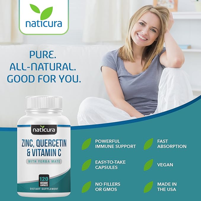 Zinc Quercetin with Vitamin C and Yerba Mate - 4-in-1 Nutritional Immune Support Supplement - 120 Veggie Capsules - Made in the USA