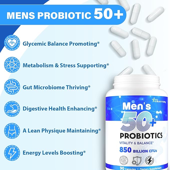 Probiotics for Men, Advanced 50+ Mens Probiotic, Comprehensive Gut & Energy Support with 850 Billion CFU, 1800mg Prebiotics Fiber – Tailored Wellness mens probiotics for gut health over 50, 180Capsule