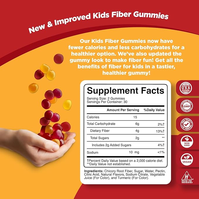 High Prebiotic Fiber Gummies for Kids - Dietary Fiber Supplements for Digestion & Constipation - Chicory Root Kids Immune Gummies - Non-GMO & Vegan Digestive Nutritional Supplements - 60 Count