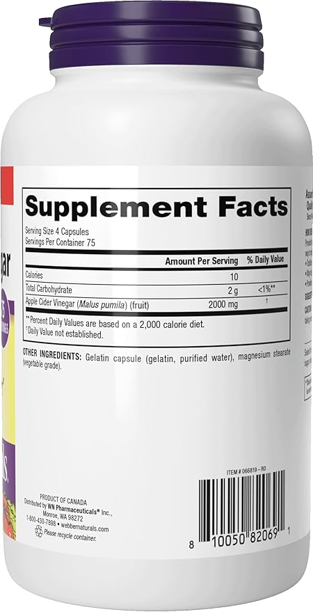 Webber Naturals Apple Cider Vinegar 2000 mg with The Mother, High Potency, 300 Capsules, 2000 mg per Serving, Natural Digestion Support, Non-GMO, Gluten, Dairy & Sugar Free