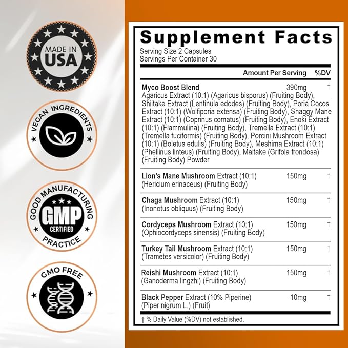Lions Mane Mushroom, Turkey Tail, Chaga & Reishi, Cordyceps Shiitake White Elm King Trumpet Nameko Oyster Porcini Focus & Energy - Made in USA