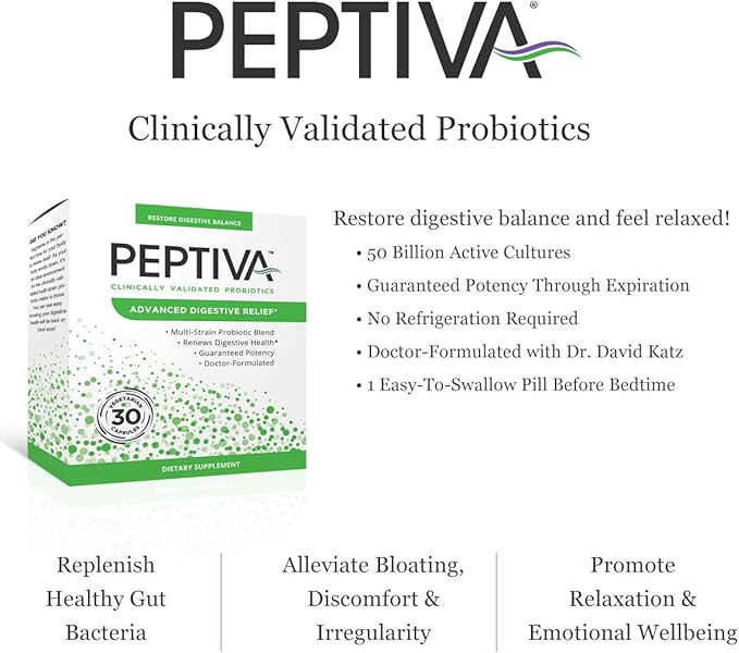 Peptiva Advanced 50 Billion CFU Probiotic - Digestive Relief - Clinically Validated, Premium Probiotic, 30ct