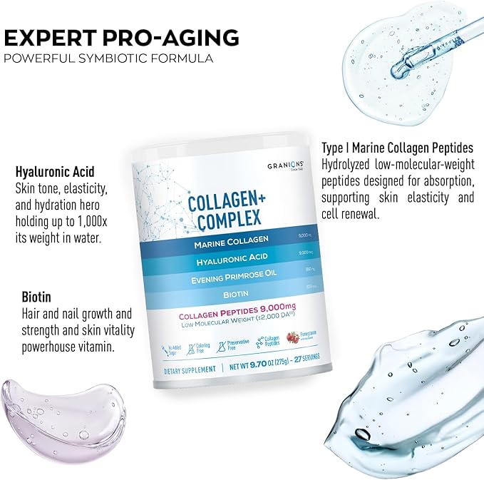 Marine Collagen Powder Supplement - Type I Hydrolyzed Marine Collagen Peptides, Protein, Biotin, Hyaluronic Acid, Vitamin C, Vital Antioxidants - Skin Supplements for Women - Pomegranate, 9.7oz