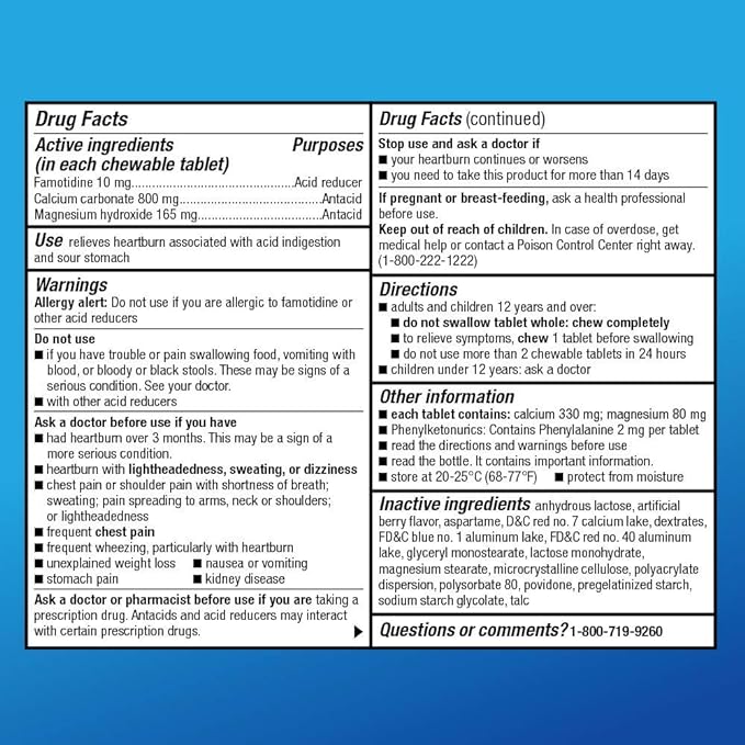 Amazon Basic Care Dual Action Complete, Chewable Acid Reducer Plus Antacid Tablets, Berry Flavor, Heartburn Medicine, Acid Indigestion Relief, 50 Count (Pack of 2)