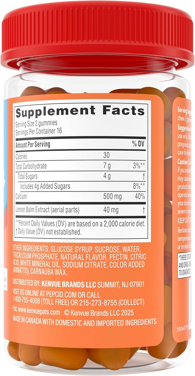 Pepcid Soothing Gummies, Heartburn Relief + Stress Relief Gummies Help with Occasional Heartburn, Upset Stomach, Acid Indigestion, & Stress, Tricalcium Phosphate, Peach-Raspberry, 32 ct