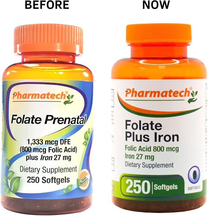 Folic Acid 800 mcg Plus Iron 27 mg Supplement for Women, Vitamin B9, Folate Prenatal, Fast Absorption, Made in USA, 250 Softgels