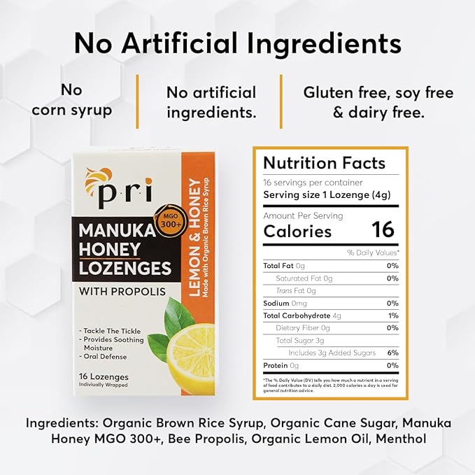 P.R.I Manuka Honey Lozenges with Propolis, Soothing Cough and Throat Drops, MGO 300+ Certified, (Lemon, 16 Count)