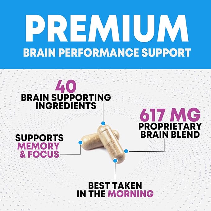 Brain Supplements for Memory and Focus - 40 Nootropics & Vitamins to Support Mental Alertness, Clarity & Concentration, Brain Health Cognitive Memory Pills, B6, B12, Phosphatidylserine - 120 Capsules