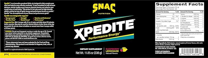 SNAC XPEDITE - Preworkout Performance Drink Supplement, Promotes Energy and Focus, Nitric Oxide Booster & Thermogenic, L-Carnitine, Beta Alanine, Raspberry Lemonade Powder, (24 Servings)