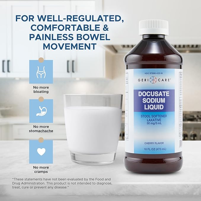 Docusate Sodium Liquid Stool Softener by GeriCare- Gentle Stimulant Laxative Liquid for Men & Women- Quick Constipation Relief Aid- Adults Daily Bowel Movement Laxative- Cherry-Flavored (16 fl oz)