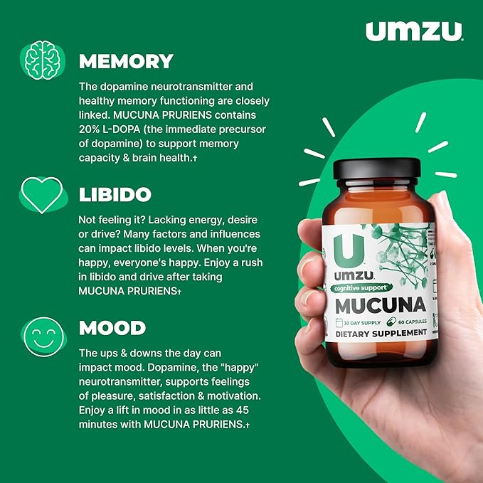 UMZU Mucuna Pruriens - Dopamine Production Support - Brain, Well-being & Memory Health - Antioxidants & Hormone Support - 30 Day Supply - 60 Capsules