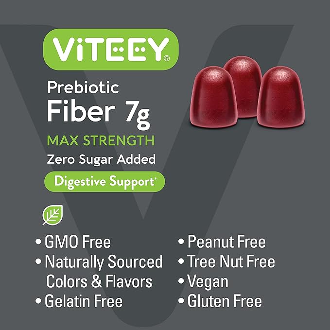 VITEEY Prebiotic Fiber Gummies for Adults, 7g - Zero Sugar Added - Fiber Supplement for Digestive Health Regularity & Natural Weight Support - Vegan, Gelatin Free - Chewable Fruit Flavored Gummy