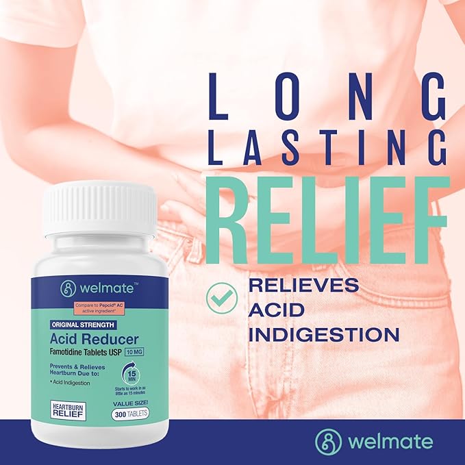 WELMATE - Famotidine Acid Reducer, 10mg - Original Strength - Heartburn Relief - Acid Indigestion - Stomach Relief - Works in 15 Minutes - Generic Medication - Value Size - 300 Tablets
