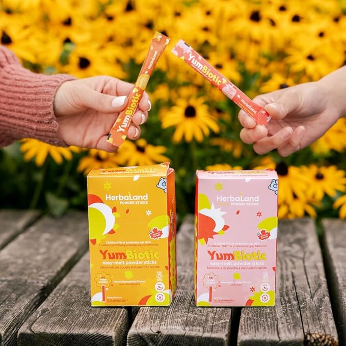 Herbaland YumBiotic Powder Stick - Vegan, 2 billion CFU of probiotics & 520mg of prebiotics per Stick, Strawberry Shake, Lemon Clementine (1 x Lemon Clementine Yumbiotic Box, Lemon Clementine)