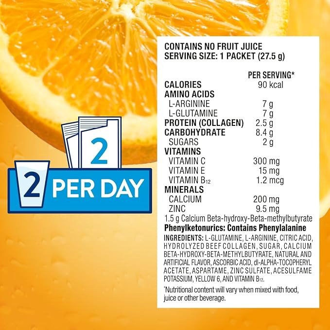 Juven Therapeutic Nutrition Drink Powder Including Collagen Peptides, Amino Acids, and HMB For Wound Healing Support, Orange, 48 Packets
