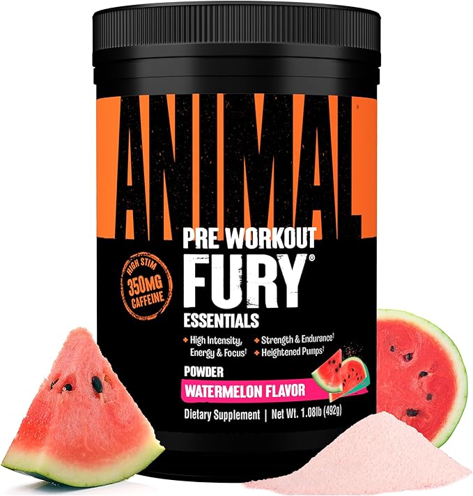 Animal Fury Pre Workout Powder Supplement for Energy and Focus 5g BCAA 350mg Caffeine Nitric Oxide Without Creatine Powerful Stimulant for Bodybuilders, Watermelon