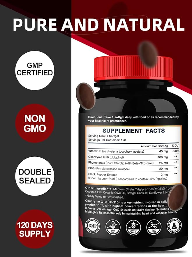 Coq10 400mg Softgels Ubiquinol - Co Q 10 Supplement Coenzyme q10 Cq10 400mg Plus Vitamin E, PQQ, Black Pepper for Heart Health, 120 Counts