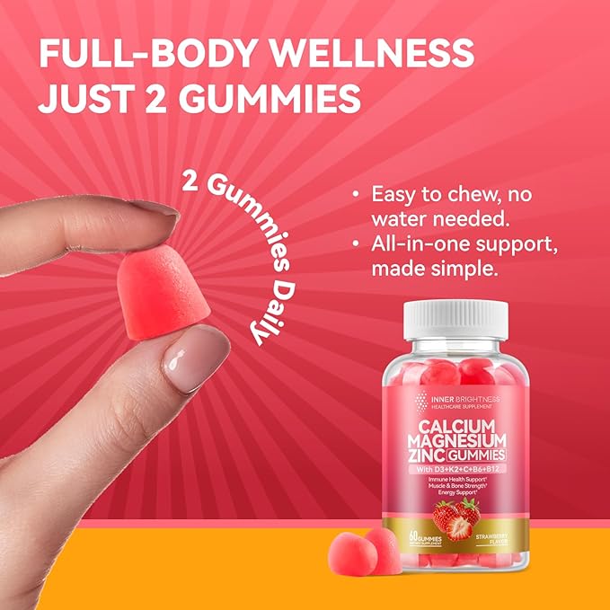 2 Pack Calcium Magnesium Zinc Gummies with Vitamin D3, K2, B12 & B6 for Women and Men, Calcium Citrate with Boron, Copper and Ashwagandha for Bone, Muscles, Calm Mood & Sleep Support, Immune Health