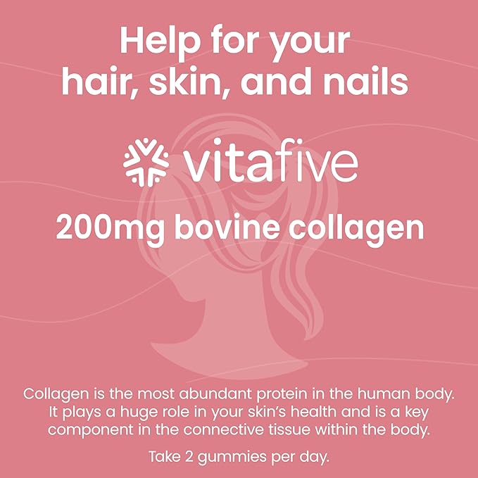 vitafive Collagen Gummies for Men and Women, Bovine Collagen, Collagen Gummy for Hair, Skin, and Connective Tissue Support, Gluten Free (50 Ct)