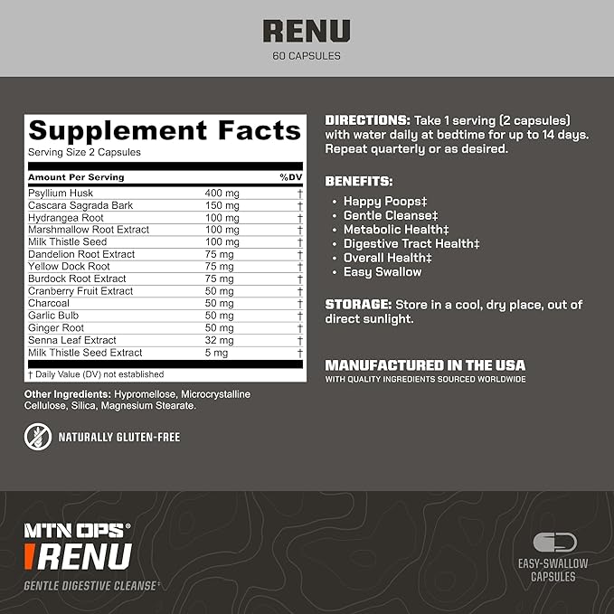 MTN OPS Renu for Gentle Digestive Cleanse, Psyllium Husk Powder for Digestive Health & Metabolism Booster, 60 Capsules, 30 Servings