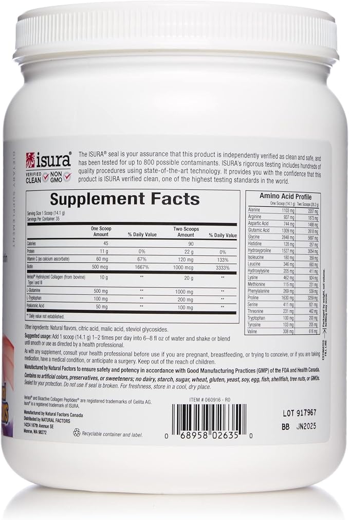 Natural Factors Total Body Collagen, Bioactive Peptides Powder for Healthy Skin, Hair & Joints, Pomegranate, 500 g