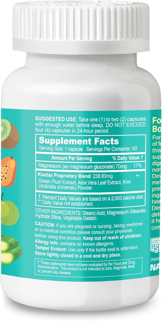 Easylax - Supports Healthy Bowel Movements, Digestive Health & Natural Elimination - Gentle and Safe with Magnesium & Kiwi Proprietary Blend - 60 Vegan Capsules, 60 Day Supply