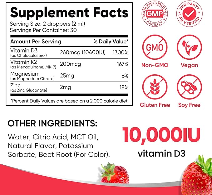Venture Pal Vitamin D3 10000 IU Drops Plus K2 200 mcg with Magnesium, MCT Oil, Zinc, Vitamin D Liquid |Maximum Absorption for Bone, Mood & Immune Health (Strawberry, 2 Fl Oz)